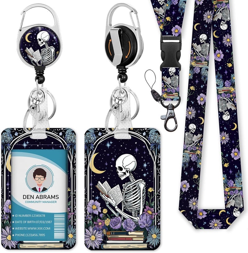 Piefly Lanyards for Id Badges, Funny Badge Holder with Retractable Badge Reel Clip, Skull Skeleton Reading Book Card Name Tag Lanyard Vertical ID Card Protector for Women Nurse Doctor Teacher Student - Image 1